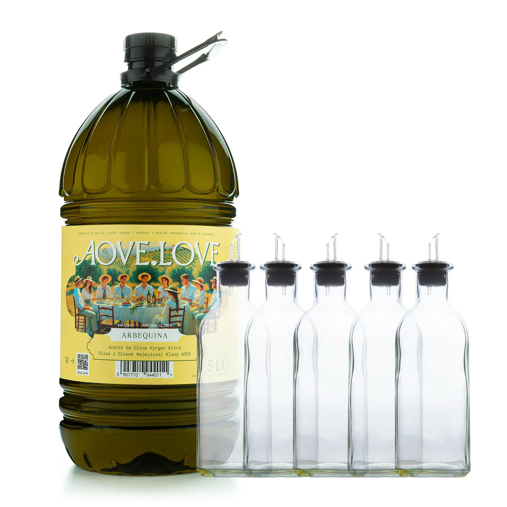 Zestaw familijny dla 5 osób, świeża oliwa najwyższej na świecie klasy AOVE (Aceite de Oliva Virgen Extra lub Extra Virgin Olive Oil EVOO) odmiana oliwek Picual, garrafa 5 litrów oraz 5 klasycznych butelek na oliwę 500 ml typu 'frasca'
