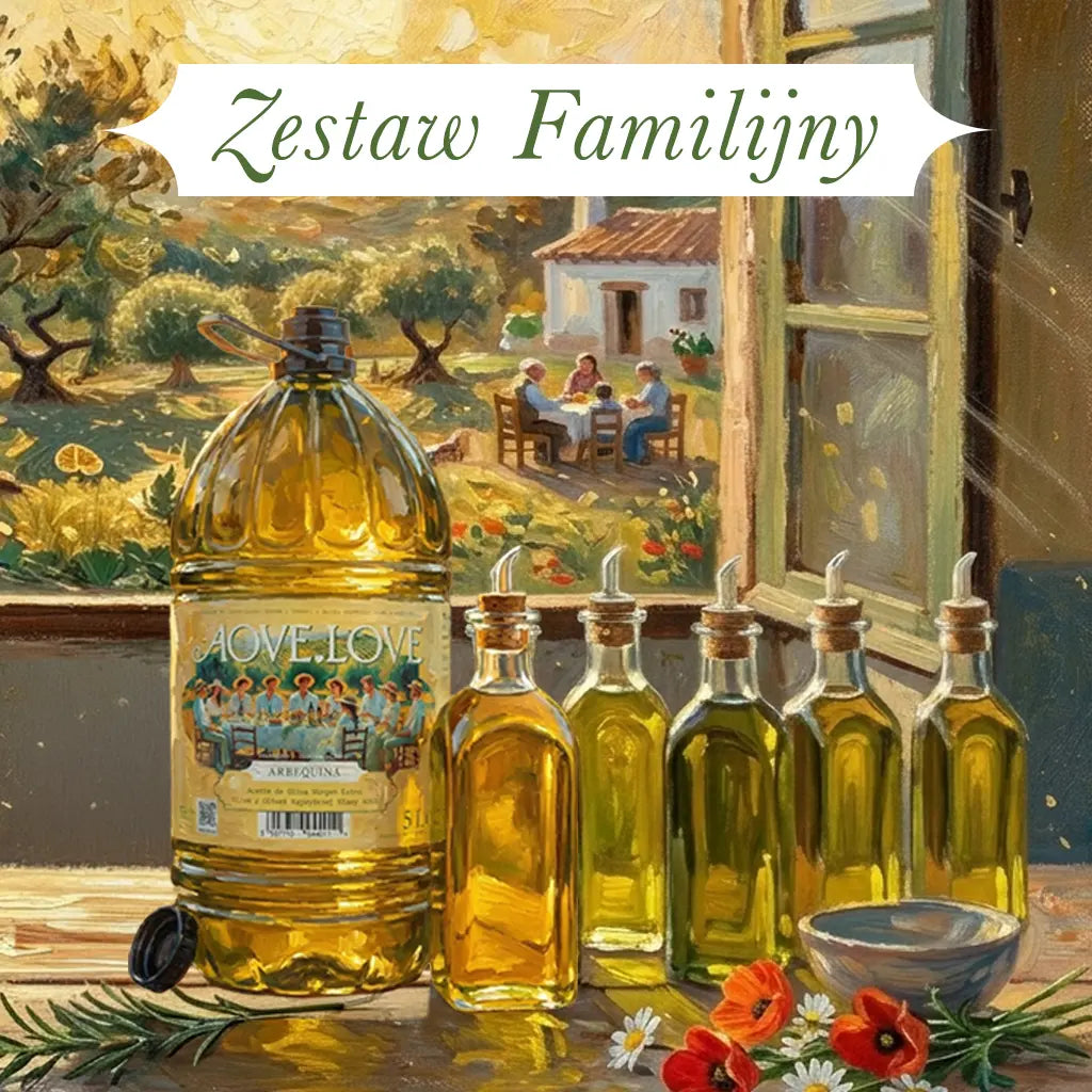 Ilustracja: zestaw familijny dla 5 osób, świeża oliwa najwyższej na świecie klasy AOVE (Aceite de Oliva Virgen Extra lub Extra Virgin Olive Oil EVOO) odmiana oliwek Arbequina, garrafa 5 litrów oraz 5 klasycznych butelek na oliwę 500 ml typu 'frasca'